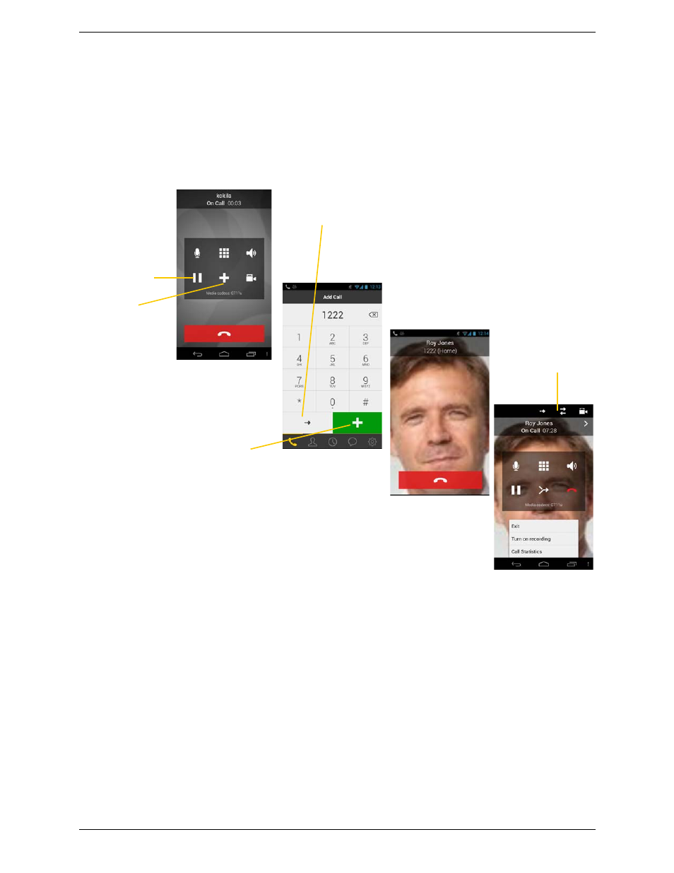 7 placing a second bria call, Placing a second bria call, Using the dialpad | CounterPath Bria Android Edition 3.0 User Guide User Manual | Page 25 / 72