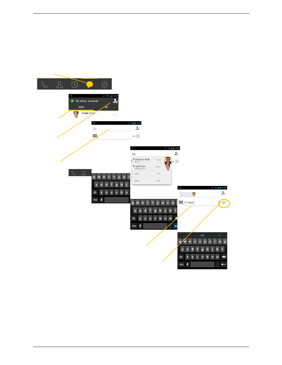 2 sending an sms, Sending an sms | CounterPath Bria Android Edition 3.0 User Guide User Manual | Page 40 / 72