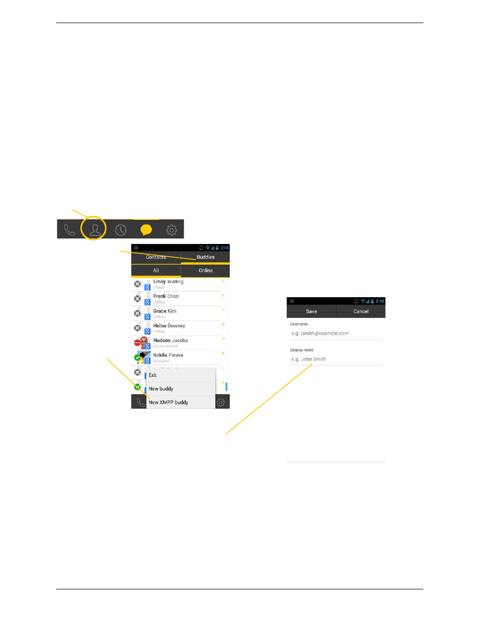 5 viewing others’ status (adding a buddy), Viewing others’ status (adding a buddy), Xmpp accounts | CounterPath Bria Android Edition 3.0 User Guide User Manual | Page 45 / 72