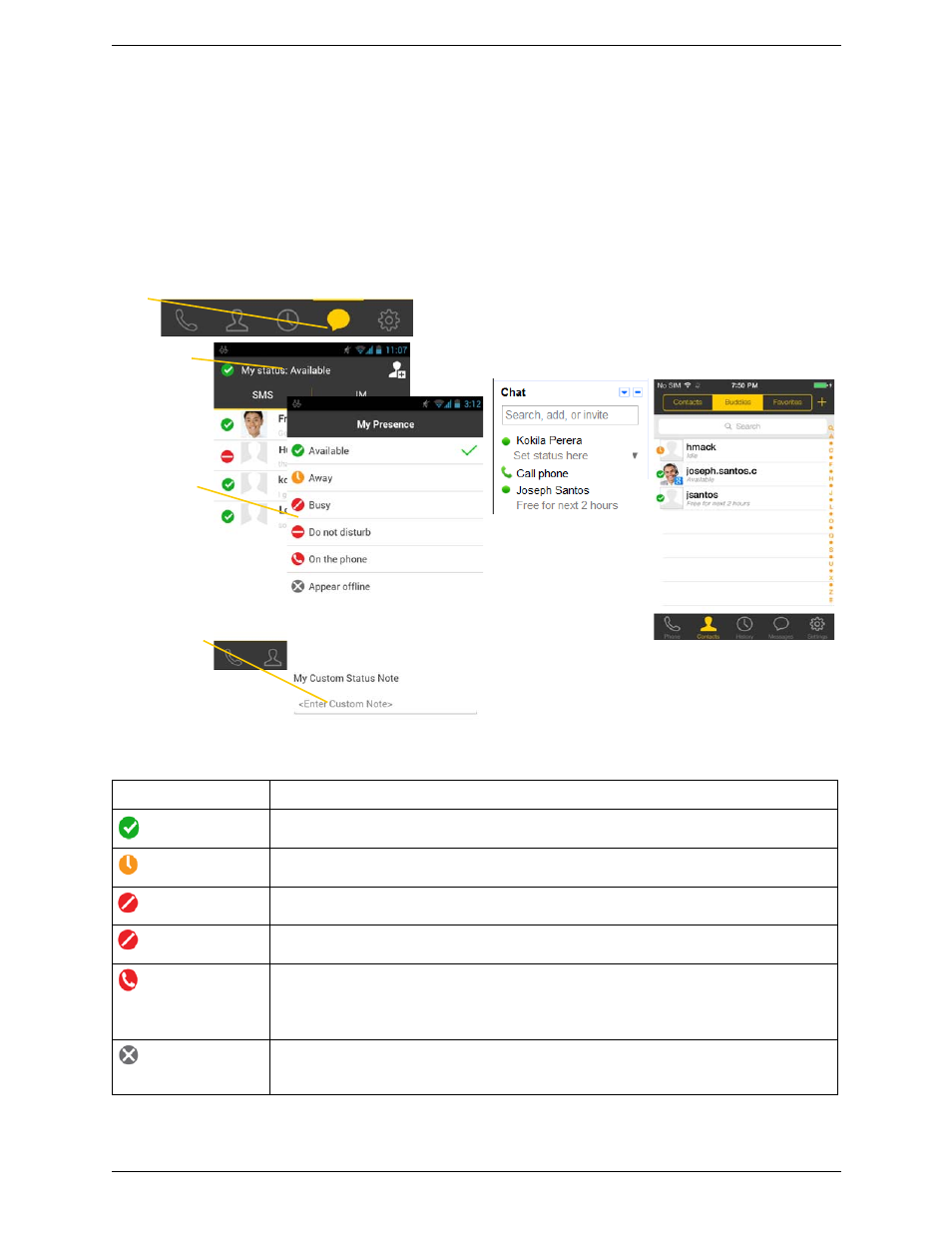 6 setting your own status, Setting your own status | CounterPath Bria Android Edition 3.0 User Guide User Manual | Page 48 / 72