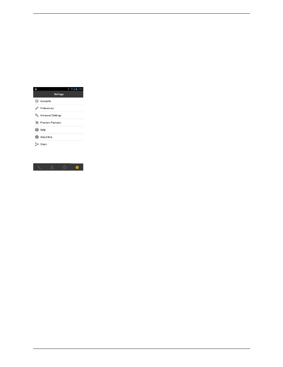 5 settings, Settings, 5settings | CounterPath Bria Android Edition 3.0 User Guide User Manual | Page 51 / 72