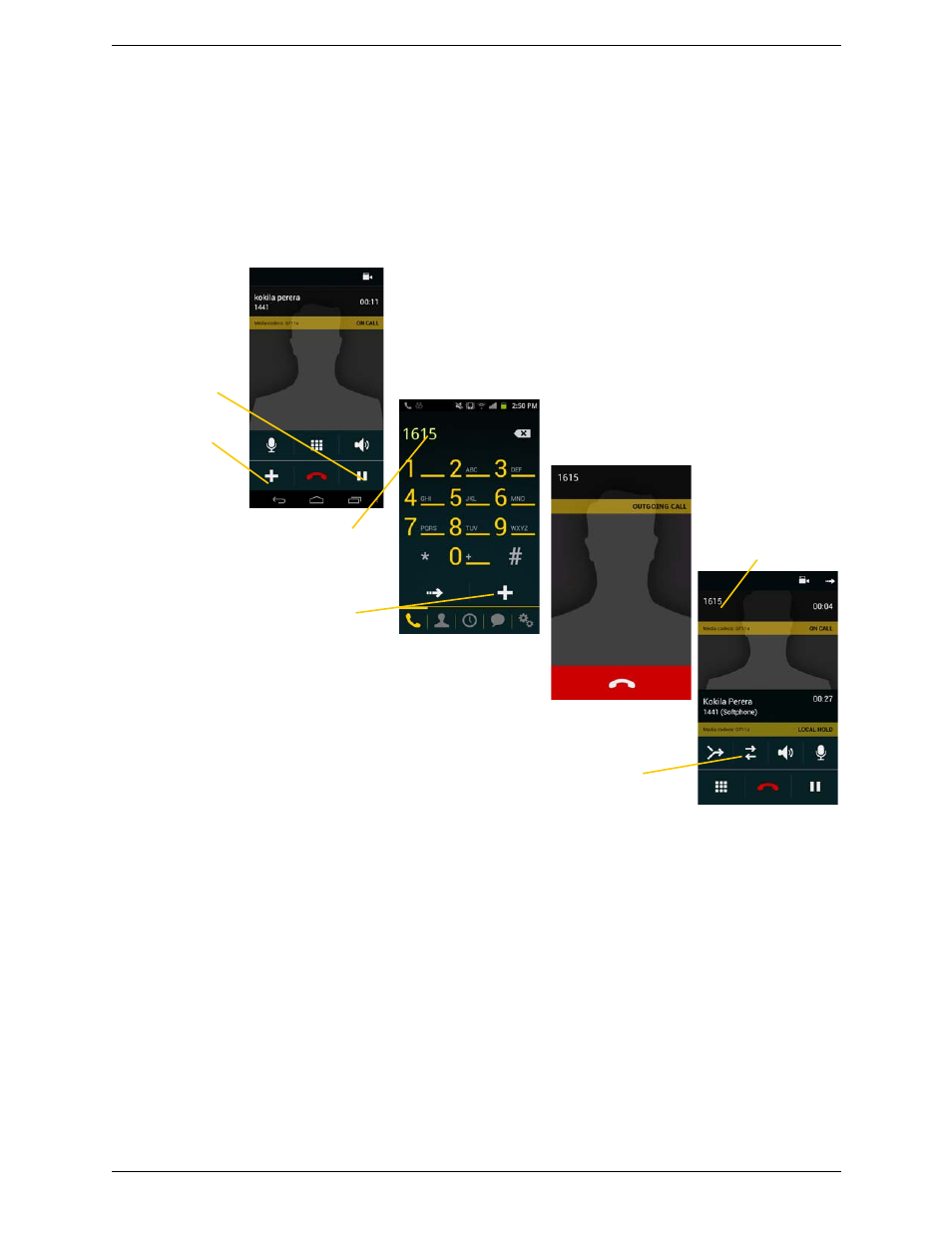 7 placing a second bria call, Placing a second bria call, Using the dialpad | CounterPath Bria Android Edition 2.3 User Guide User Manual | Page 23 / 60