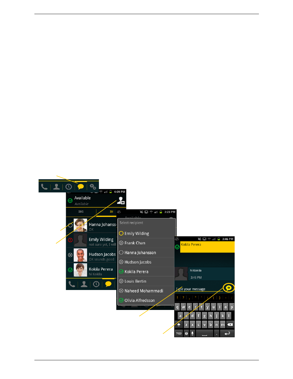 4 presence and instant messaging, 1 sending an im, Presence and instant messaging | Sending an im, 4presence and instant messaging | CounterPath Bria Android Edition 2.3 User Guide User Manual | Page 33 / 60