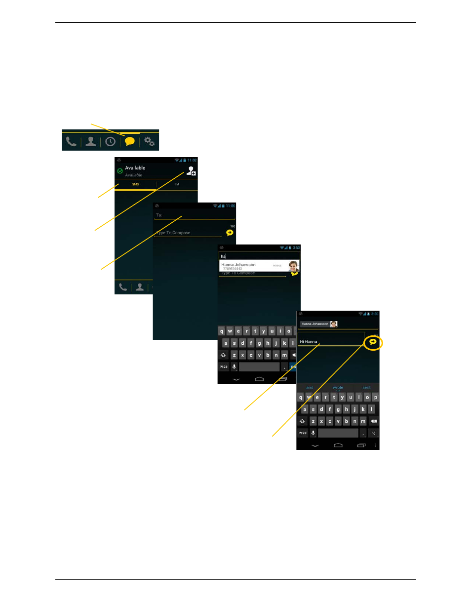2 sending an sms, Sending an sms | CounterPath Bria Android Edition 2.3 User Guide User Manual | Page 35 / 60