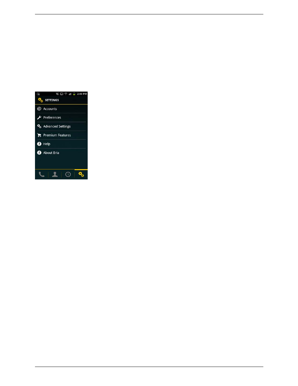 5 settings, Settings, 5settings | CounterPath Bria Android Edition 2.3 User Guide User Manual | Page 43 / 60
