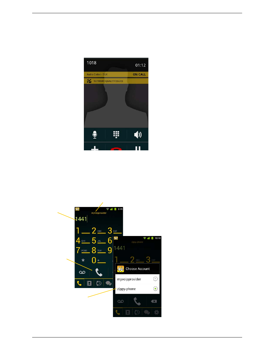 Making a call from another account, The “network quality issues“ message | CounterPath Bria Android Edition 2.2 User Guide User Manual | Page 18 / 60