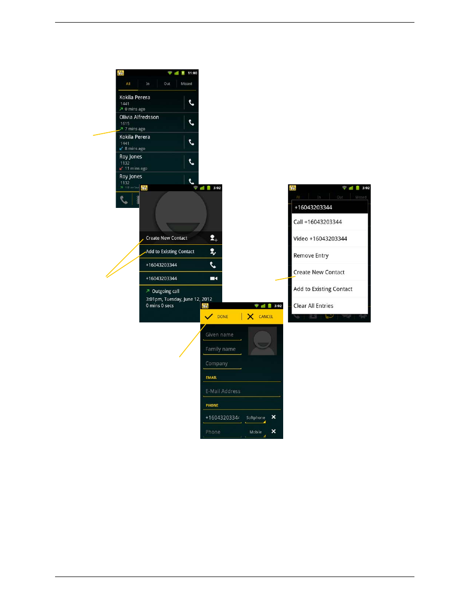 Adding a contact from the history | CounterPath Bria Android Edition 2.2 User Guide User Manual | Page 29 / 60