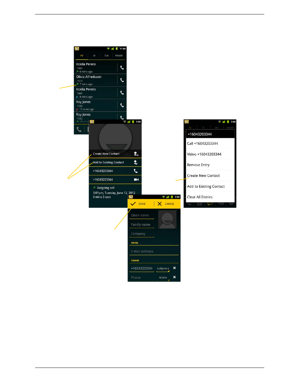 Adding a contact from the history | CounterPath Bria Android Edition 2.1 User Guide User Manual | Page 28 / 60