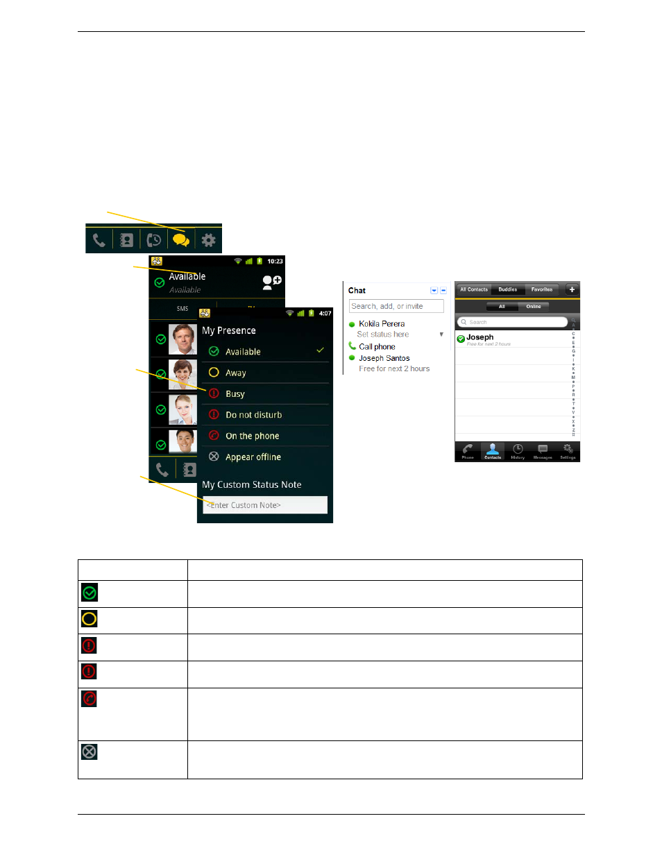 5 setting your own status, Setting your own status | CounterPath Bria Android Edition 2.1 User Guide User Manual | Page 40 / 60