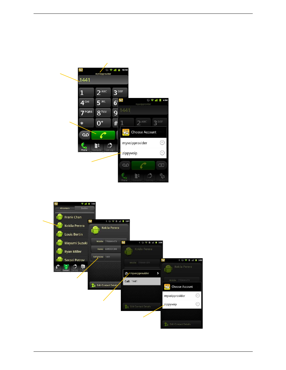 Making a call from another account | CounterPath Bria Android Edition 1.2 User Guide User Manual | Page 18 / 54