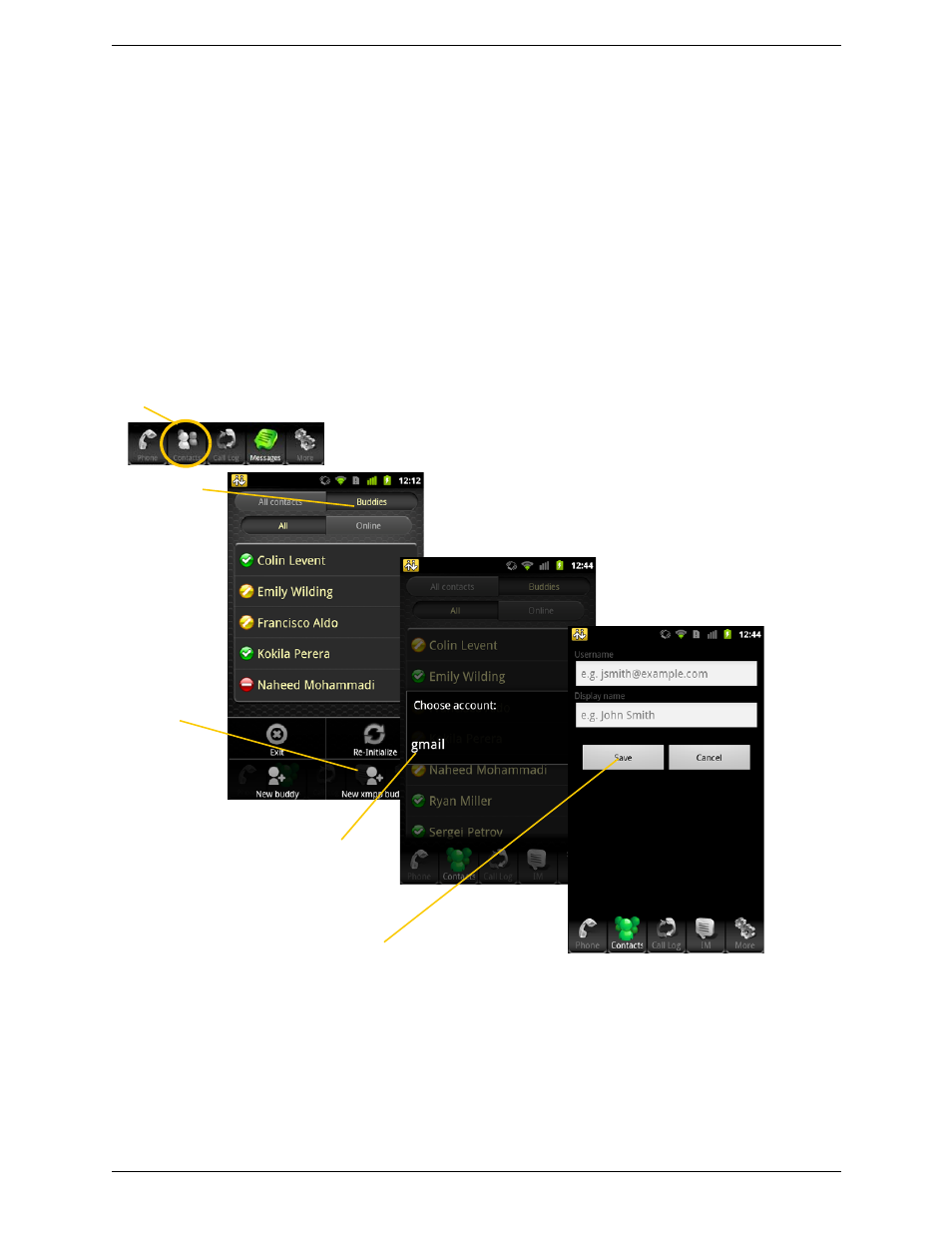 4 viewing others’ status (adding a buddy), Viewing others’ status (adding a buddy), Xmpp accounts | CounterPath Bria Android Edition 1.2 User Guide User Manual | Page 33 / 54