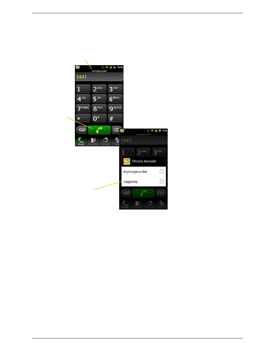 Making a call from another account | CounterPath Bria Android Edition 1.1 User Guide (Revision 7) User Manual | Page 14 / 40