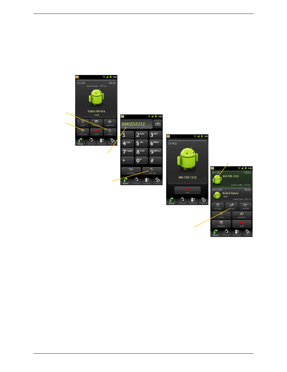 5 placing a second bria call, Placing a second bria call, Using the dialpad | CounterPath Bria Android Edition 1.1 User Guide (Revision 7) User Manual | Page 16 / 40