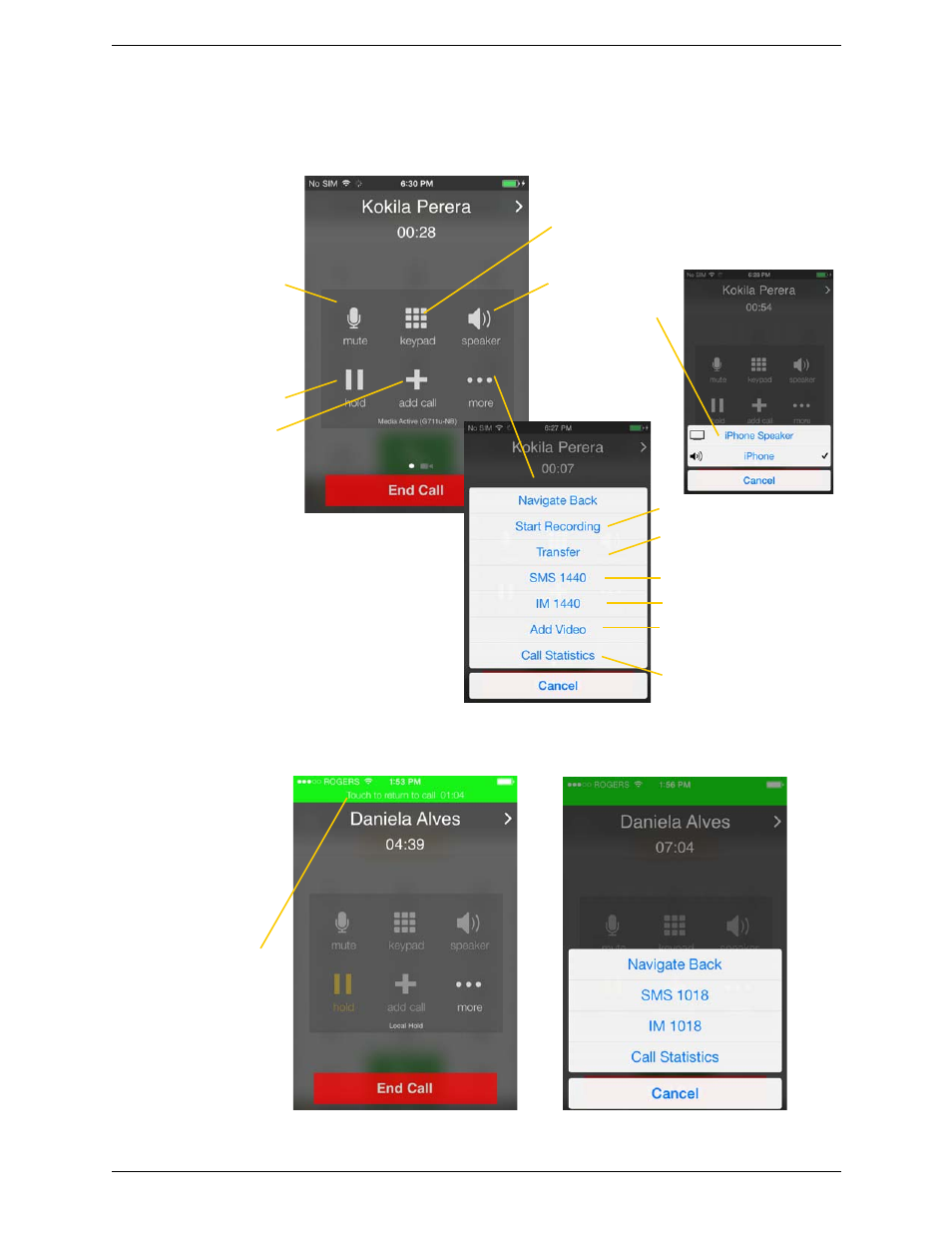 5 handling one established call, Handling one established call, Handling a bria call and a native call | CounterPath Bria iPhone Edition 3.1 User Guide User Manual | Page 23 / 78