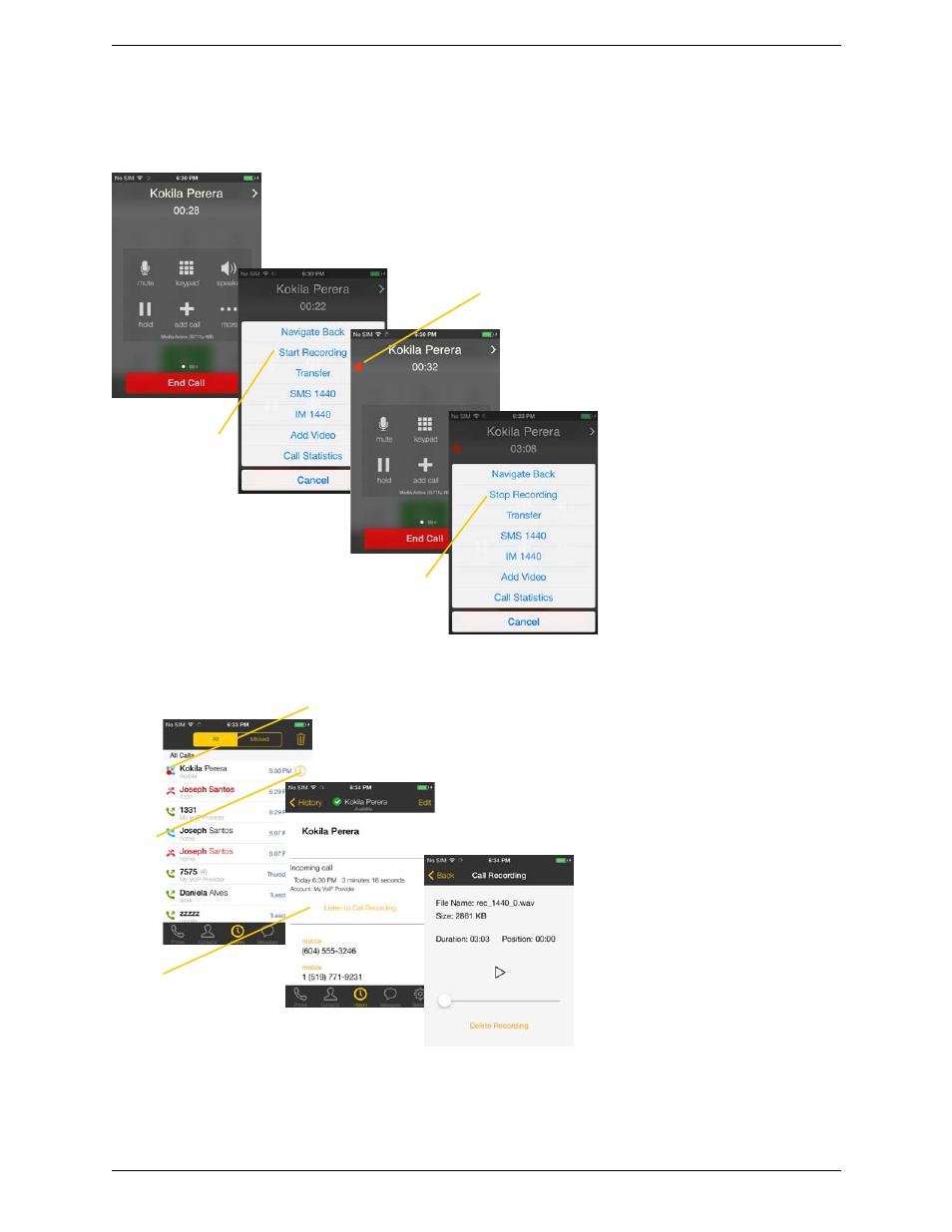 6 recording calls, Recording calls | CounterPath Bria iPhone Edition 3.1 User Guide User Manual | Page 24 / 78