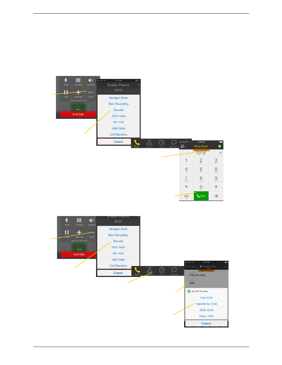 9 unattended (blind) transfer, Unattended (blind) transfer, Using the dialpad by selecting a contact | CounterPath Bria iPhone Edition 3.1 User Guide User Manual | Page 27 / 78