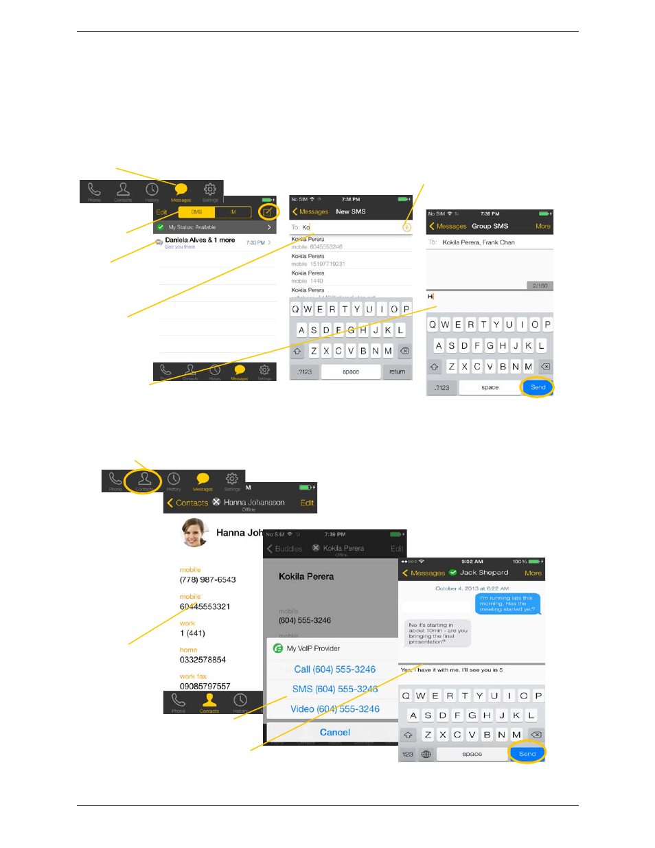 2 sending an sms, Sending an sms, By selecting a contact | CounterPath Bria iPhone Edition 3.1 User Guide User Manual | Page 38 / 78