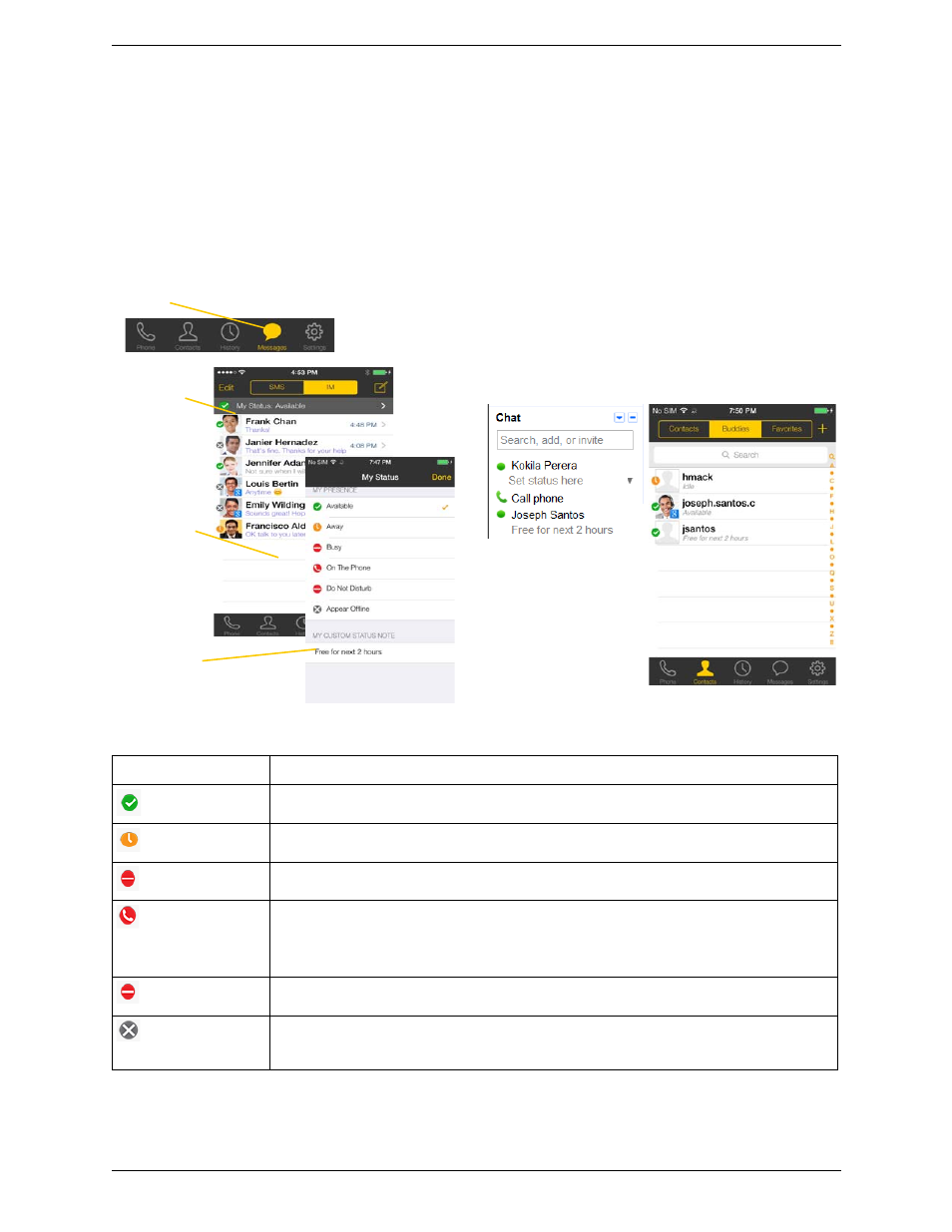 7 setting your own status, Setting your own status | CounterPath Bria iPhone Edition 3.1 User Guide User Manual | Page 46 / 78