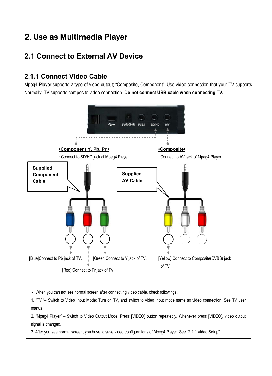 Use as multimedia player, 1 connect to external av device, 1 connect video cable | AL Tech Portable MPEG Player User Manual | Page 18 / 36