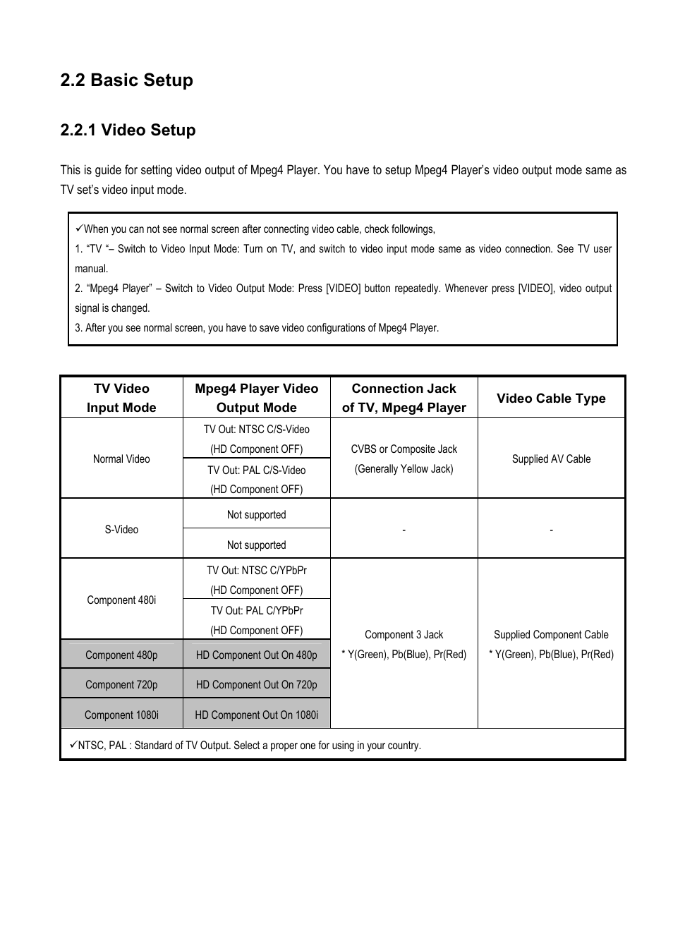 2 basic setup, 1 video setup | AL Tech Portable MPEG Player User Manual | Page 20 / 36