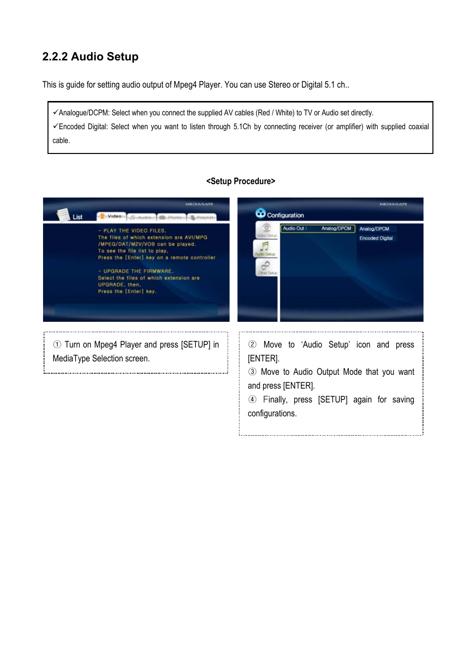 2 audio setup | AL Tech Portable MPEG Player User Manual | Page 22 / 36