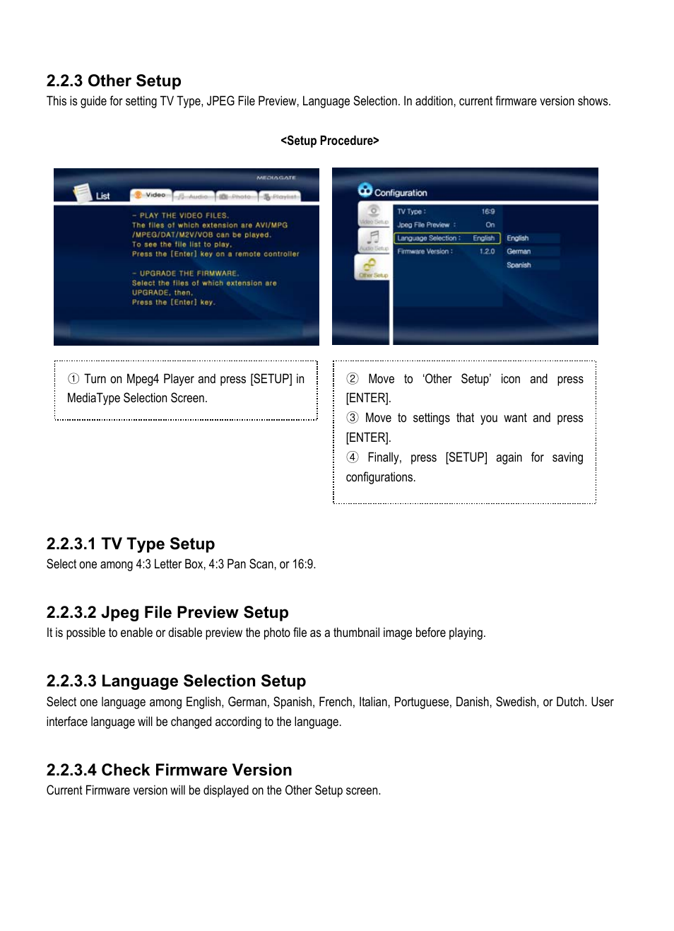3 other setup, 1 tv type setup, 2 jpeg file preview setup | 3 language selection setup, 4 check firmware version | AL Tech Portable MPEG Player User Manual | Page 23 / 36