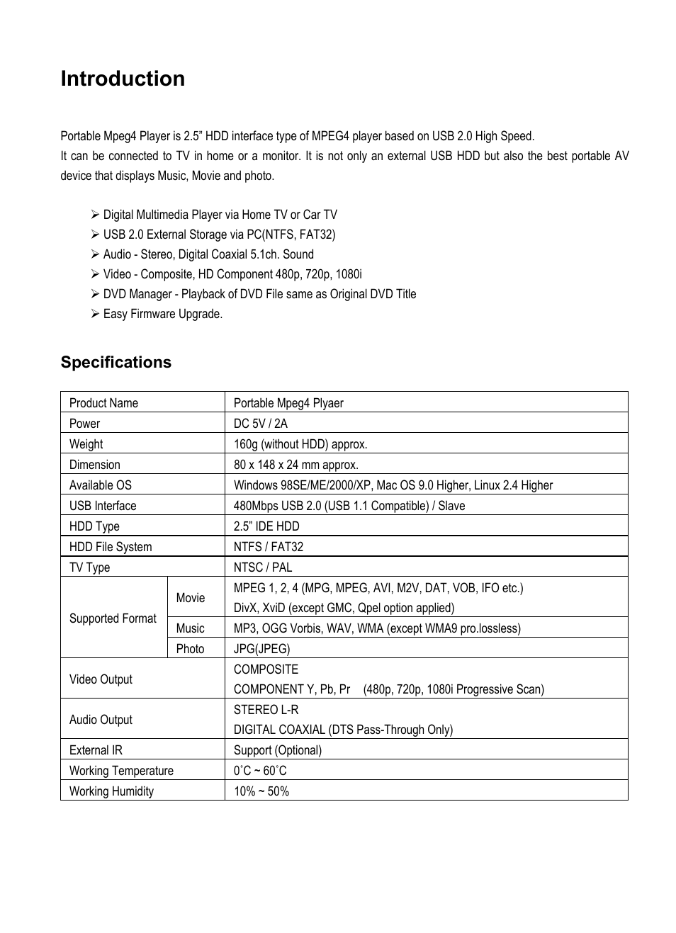 Introduction, Specifications | AL Tech Portable MPEG Player User Manual | Page 4 / 36