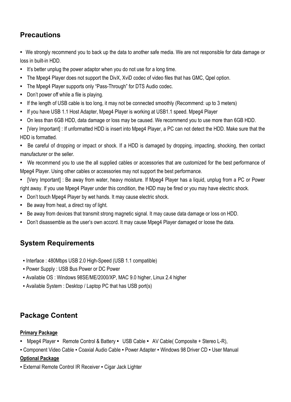 Precautions, System requirements, Package content | AL Tech Portable MPEG Player User Manual | Page 5 / 36