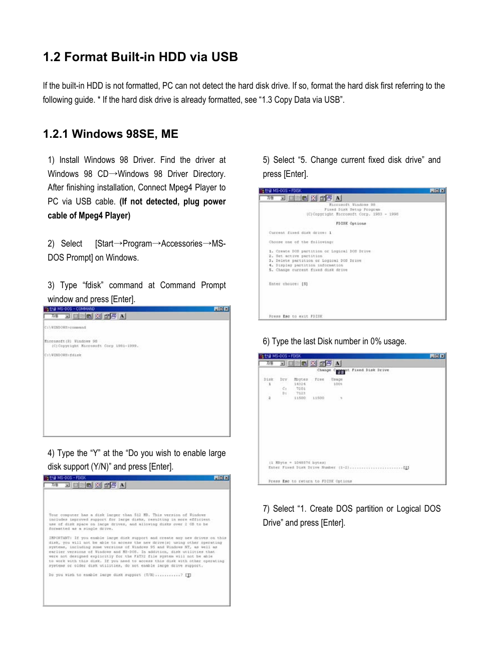 2 format built-in hdd via usb, 1 windows 98se, me | AL Tech Portable MPEG Player User Manual | Page 8 / 36
