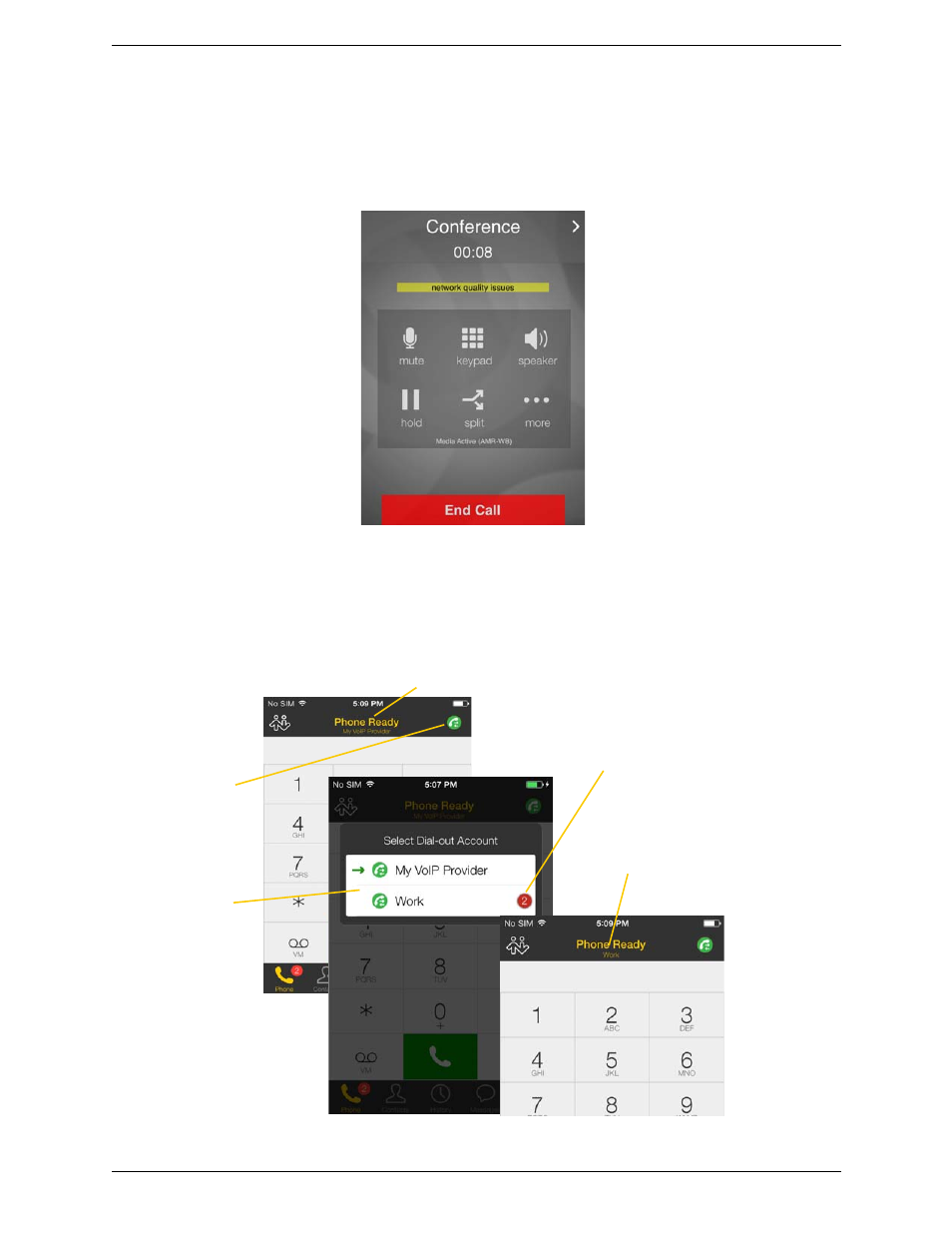 Making a call from another account | CounterPath Bria iPhone Edition 3.0 User Guide User Manual | Page 20 / 76
