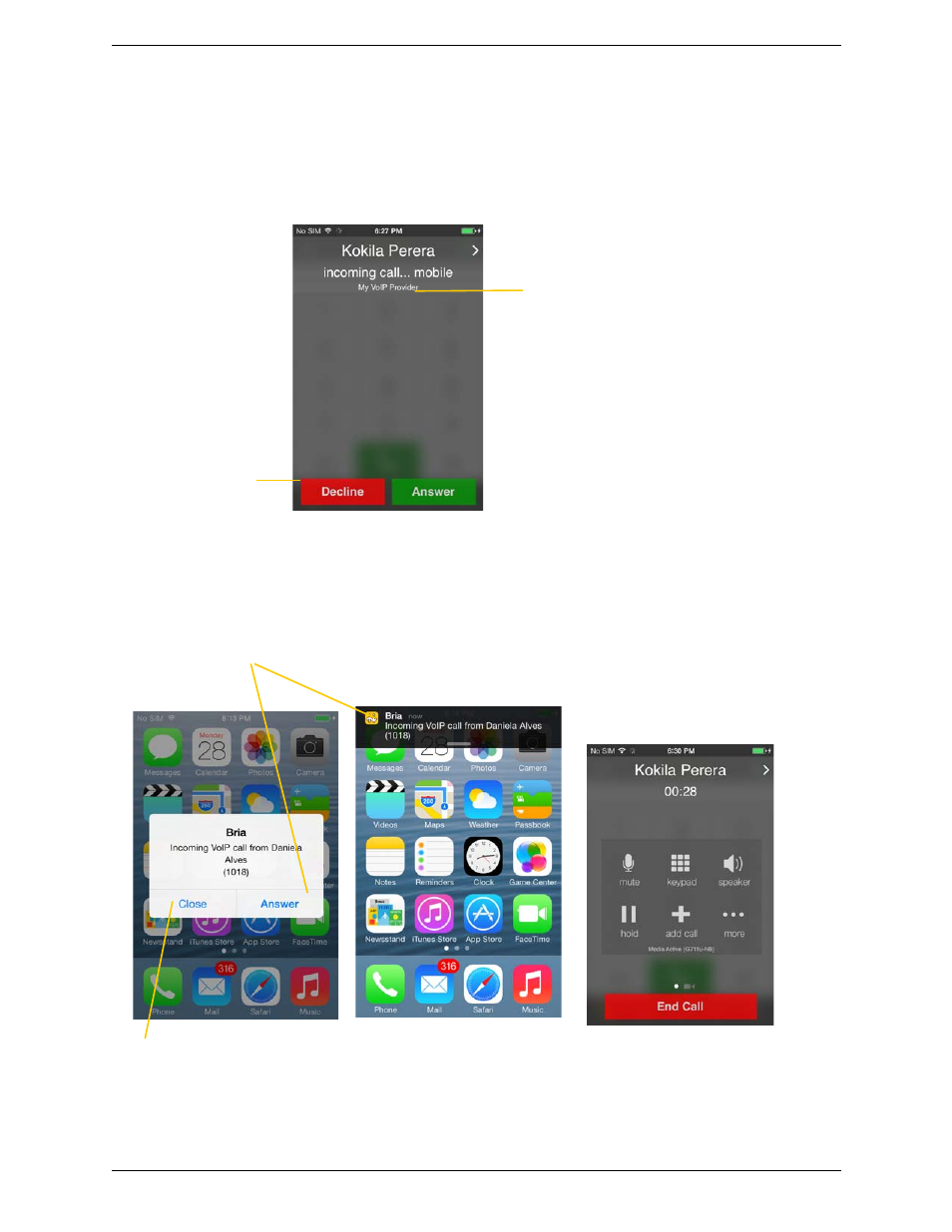 4 handling incoming calls, Handling incoming calls, When bria is in the foreground | When bria is in the background | CounterPath Bria iPhone Edition 3.0 User Guide User Manual | Page 21 / 76