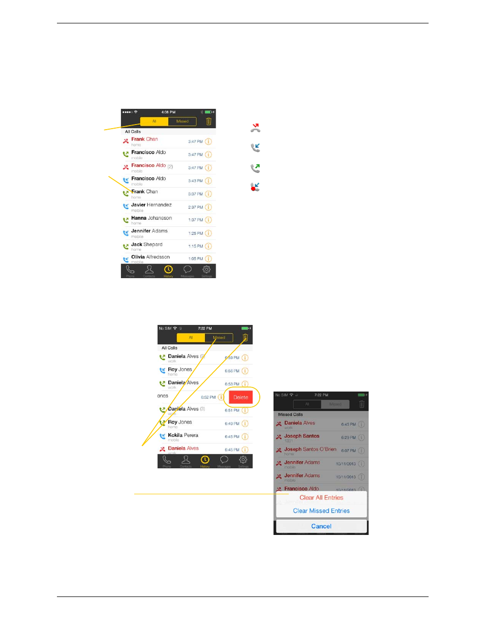13 call history, Call history, Clearing the history | CounterPath Bria iPhone Edition 3.0 User Guide User Manual | Page 32 / 76