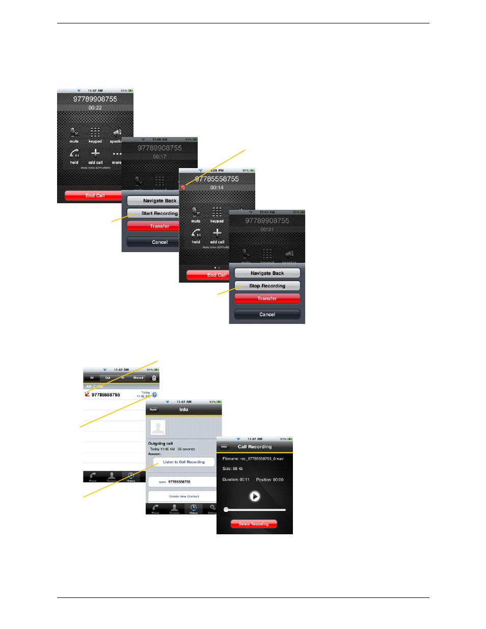 6 recording calls, Recording calls | CounterPath Bria iPhone Edition 2.5 User Guide User Manual | Page 23 / 76
