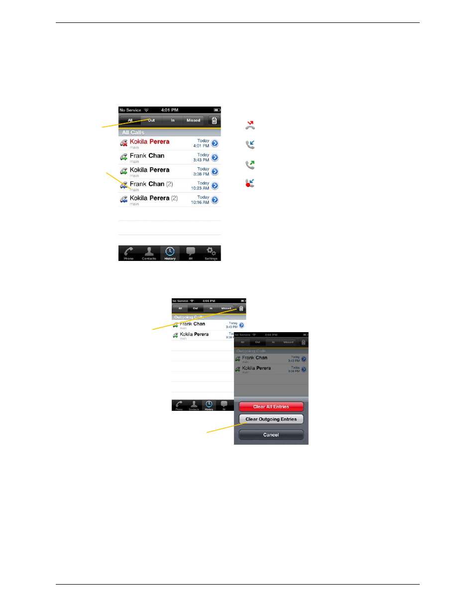 13 call history, Call history, Clearing the history | CounterPath Bria iPhone Edition 2.5 User Guide User Manual | Page 31 / 76