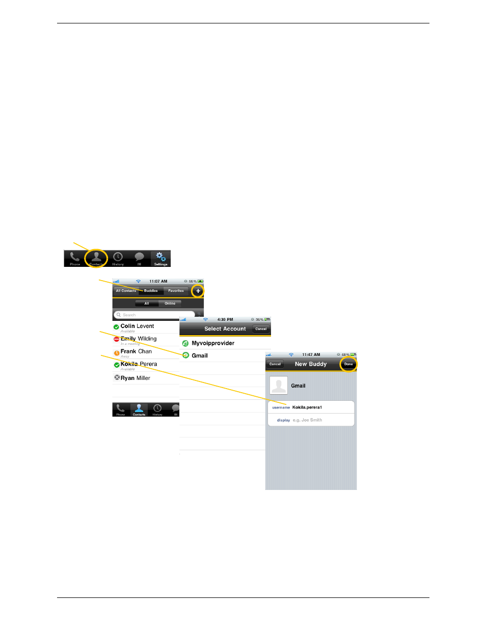 6 viewing others’ status (adding a buddy), Xmpp accounts, Viewing others’ status (adding a buddy) | CounterPath Bria iPhone Edition 2.5 User Guide User Manual | Page 43 / 76