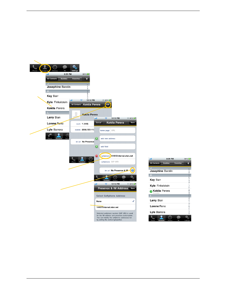 Sip accounts, Editing an existing contact to see online status | CounterPath Bria iPhone Edition 2.5 User Guide User Manual | Page 44 / 76