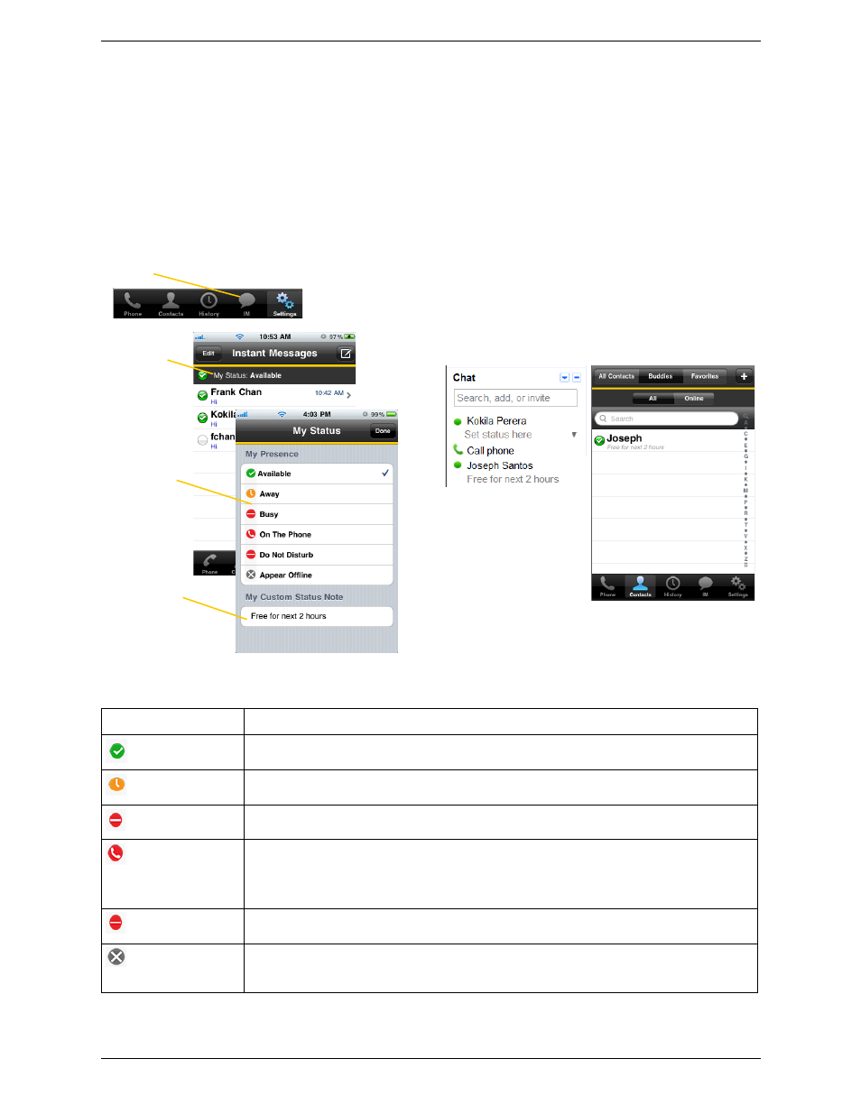 7 setting your own status, Setting your own status | CounterPath Bria iPhone Edition 2.5 User Guide User Manual | Page 46 / 76