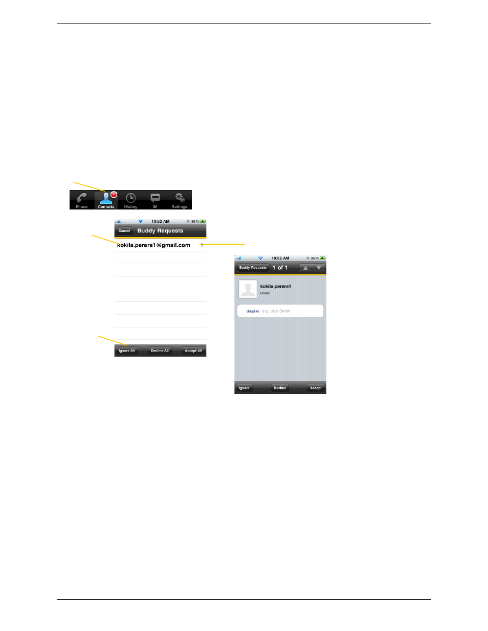 8 responding to buddy requests, Responding to buddy requests | CounterPath Bria iPhone Edition 2.5 User Guide User Manual | Page 47 / 76