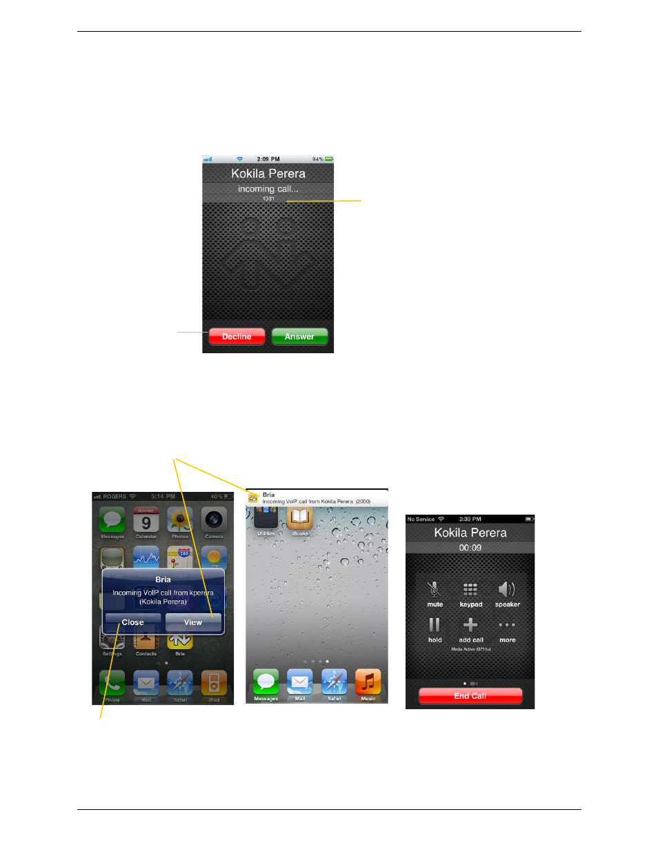 4 handling incoming calls, Handling incoming calls, When bria is in the foreground | When bria is in the background | CounterPath Bria iPhone Edition 2.4.2 User Guide User Manual | Page 19 / 72