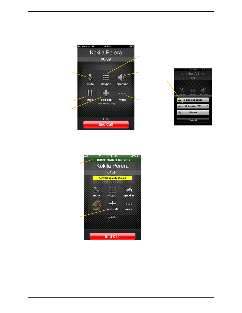 5 handling one established call, Handling one established call, Handling a bria call and a native call | CounterPath Bria iPhone Edition 2.4.2 User Guide User Manual | Page 20 / 72