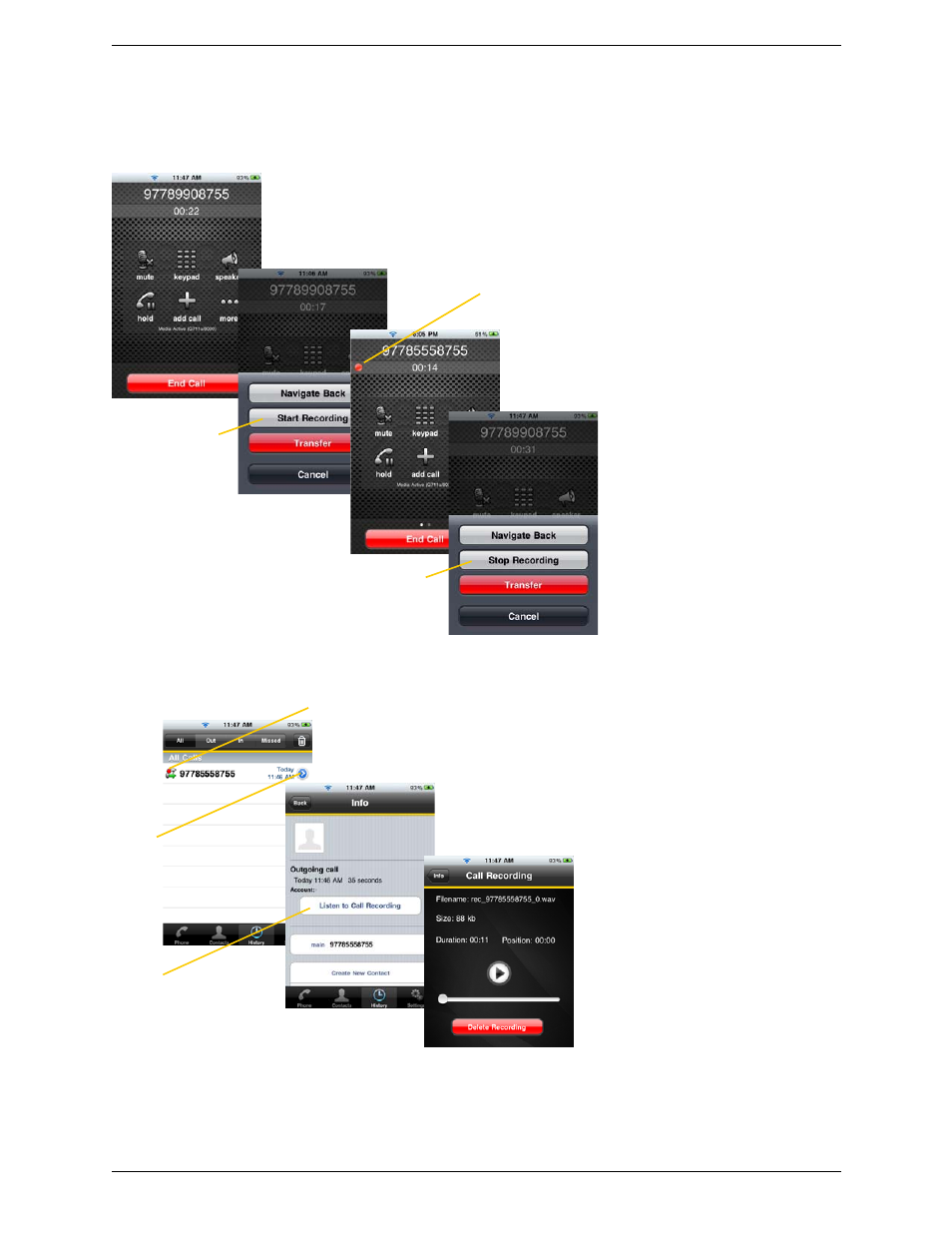 6 recording calls, Recording calls | CounterPath Bria iPhone Edition 2.4.2 User Guide User Manual | Page 21 / 72