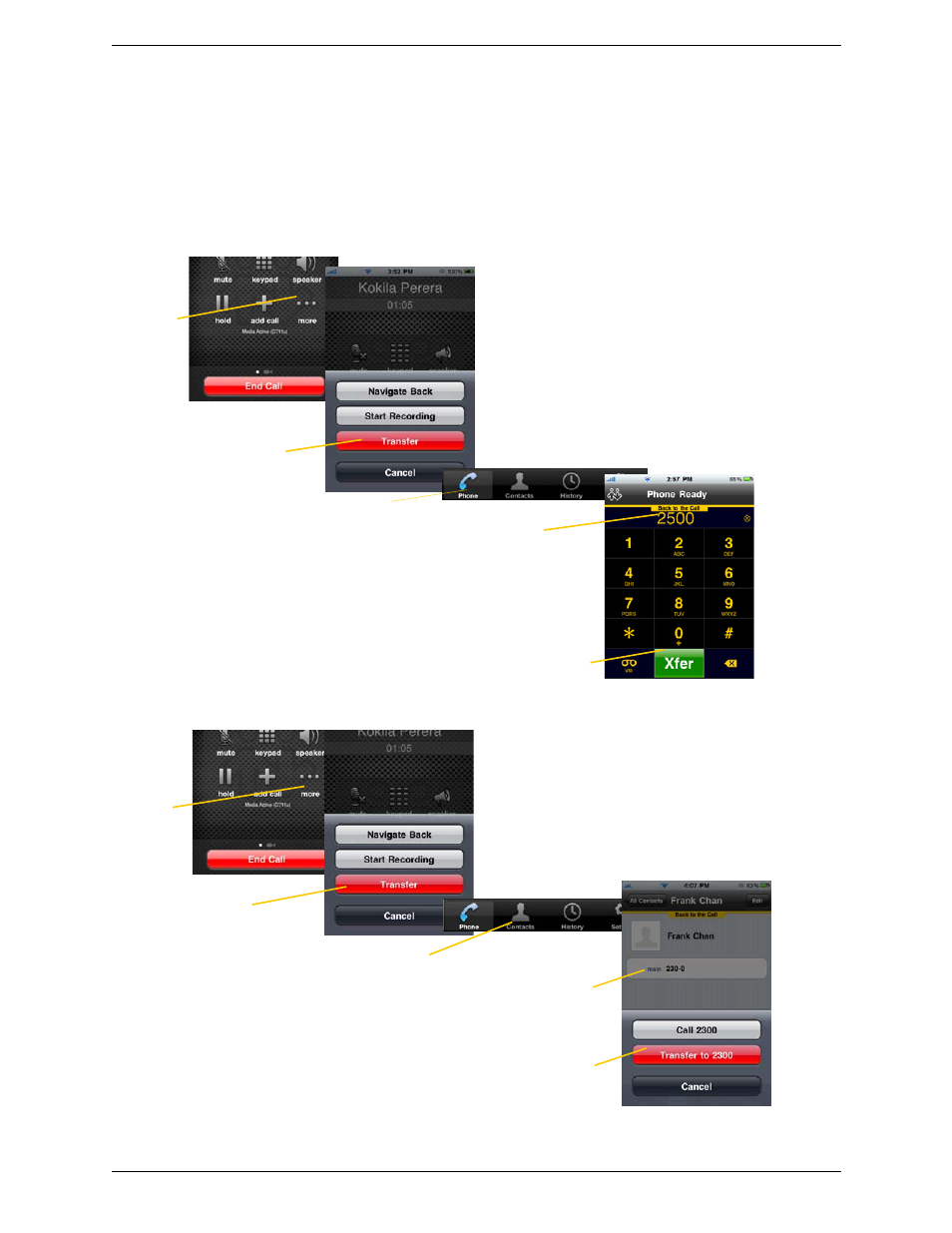 9 unattended (blind) transfer, Unattended (blind) transfer, Using the dialpad by selecting a contact | CounterPath Bria iPhone Edition 2.4.2 User Guide User Manual | Page 24 / 72