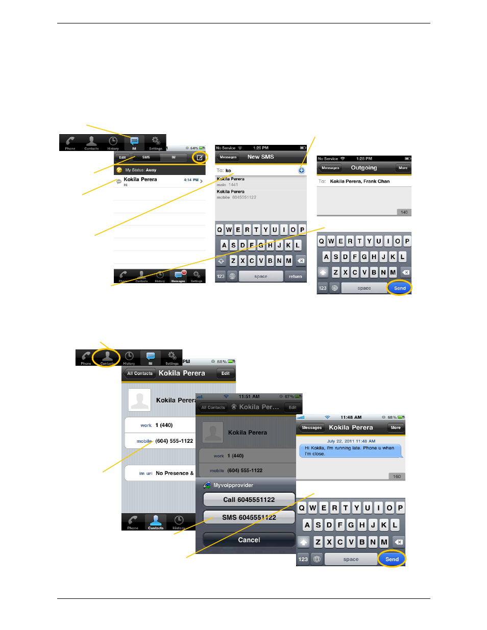 2 sending an sms, Sending an sms, By selecting a contact | CounterPath Bria iPhone Edition 2.4.2 User Guide User Manual | Page 35 / 72