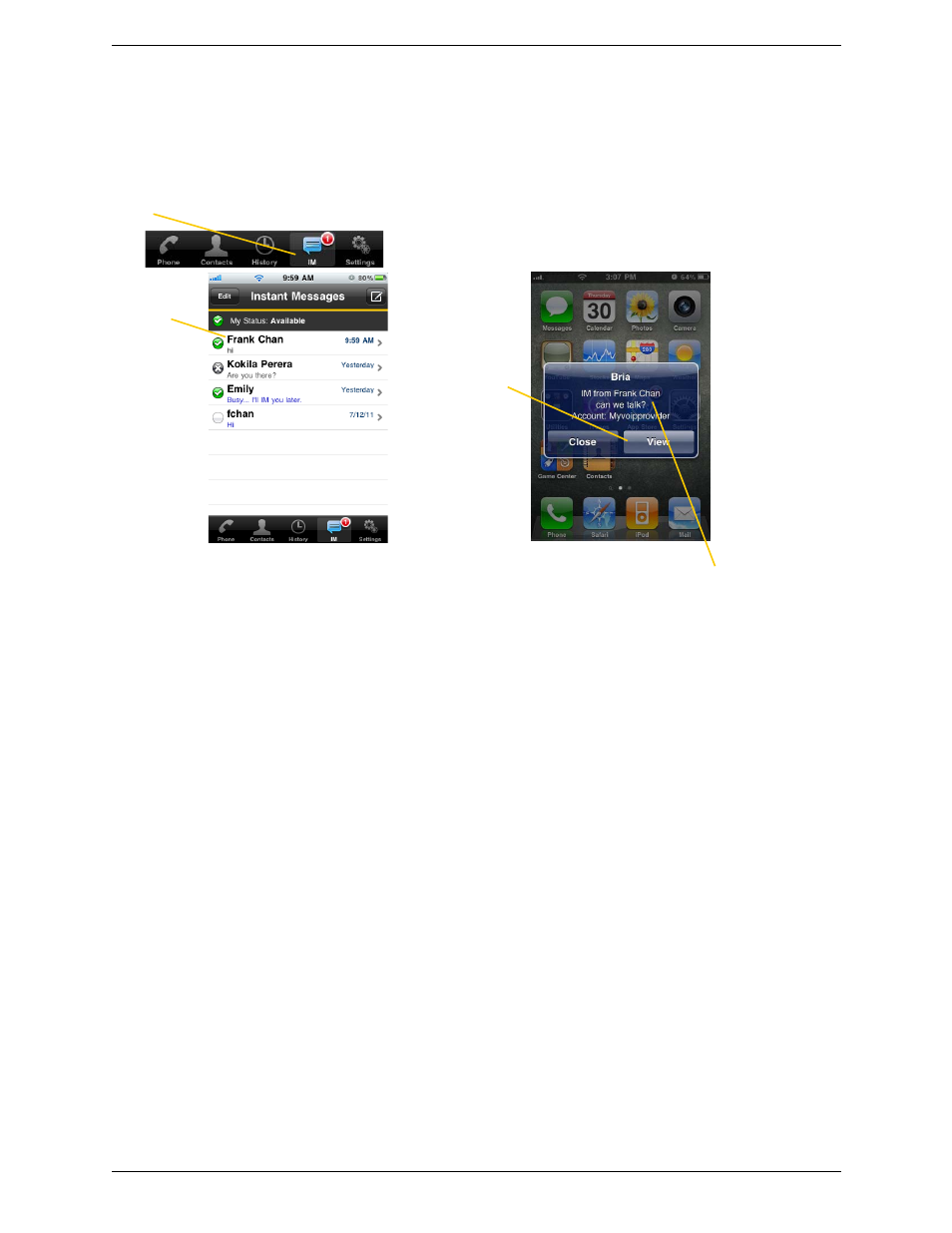 3 receiving an im and sms, Receiving an im and sms | CounterPath Bria iPhone Edition 2.4.2 User Guide User Manual | Page 36 / 72