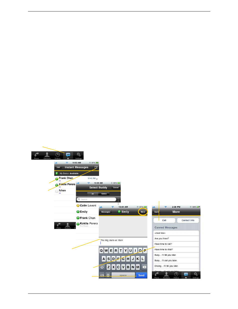 4 presence and instant messaging, 1 sending an im, Presence and instant messaging | Sending an im, 4presence and instant messaging | CounterPath Bria iPhone Edition 2.4 User Guide User Manual | Page 33 / 72