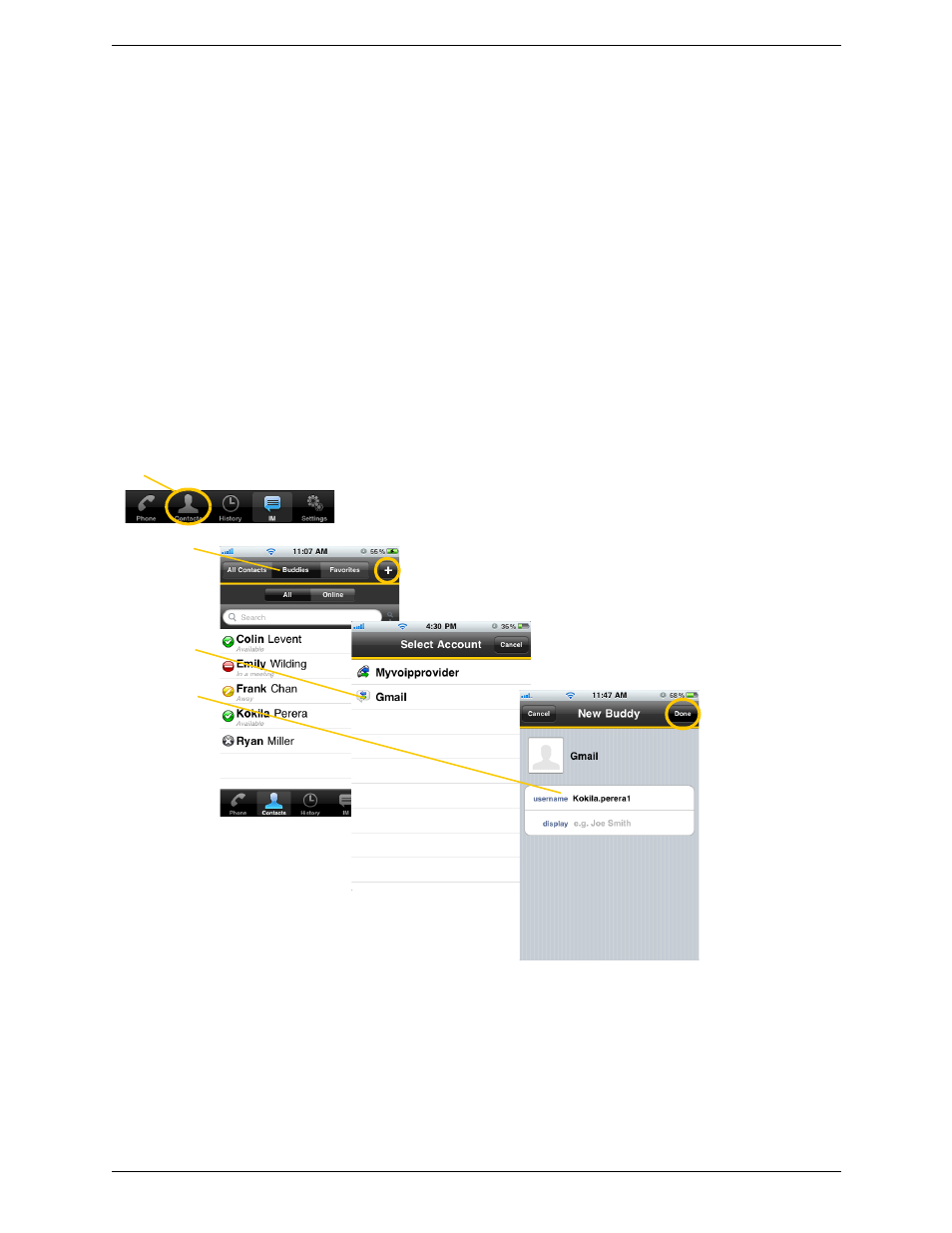 5 viewing others’ status (adding a buddy), Xmpp accounts, Viewing others’ status (adding a buddy) | CounterPath Bria iPhone Edition 2.4 User Guide User Manual | Page 39 / 72