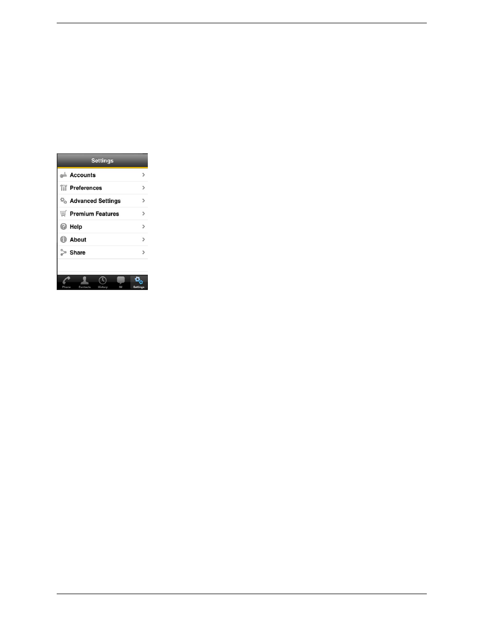 5 settings, Settings, 5settings | CounterPath Bria iPhone Edition 2.4 User Guide User Manual | Page 45 / 72