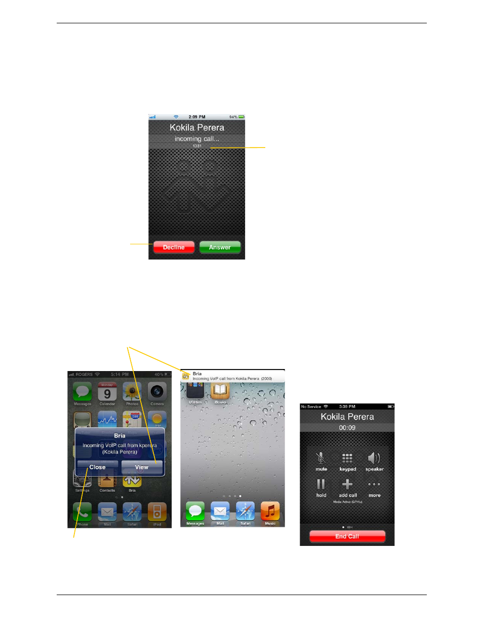 3 handling incoming calls, Handling incoming calls, When bria is in the foreground | When bria is in the background | CounterPath Bria iPhone Edition 2.3 User Guide User Manual | Page 16 / 68