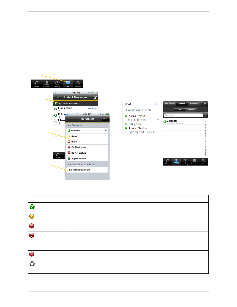 6 setting your own status, Setting your own status | CounterPath Bria iPhone Edition 2.3 User Guide User Manual | Page 38 / 68