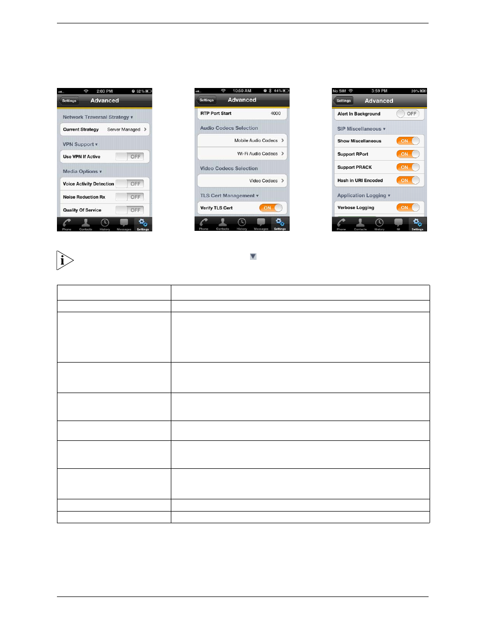 3 advanced settings, Advanced settings | CounterPath Bria iPhone Edition 2.3 User Guide User Manual | Page 52 / 68